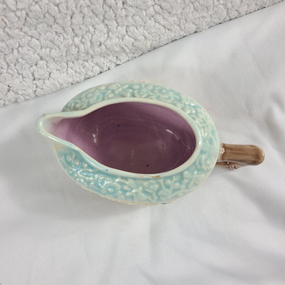 Vintage Ceramic Fan Floral Creamer Pitcher Pastel Faux Bamboo Handle Lavender - Picture 3 of 8